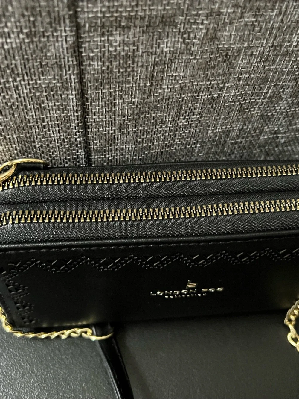 London Fog Black Wallet Crossbody with Gold Chain Accent